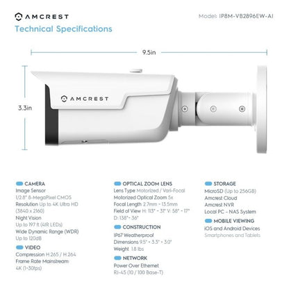 Amcrest 4K AI IP PoE Camera Bullet 5x Optical Zoom IP8M-VB2896EW-AI