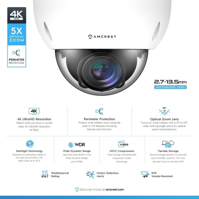 Amcrest 4K Optical Zoom IP PoE Dome Camera, IP67 White IP8M-VD2793EW