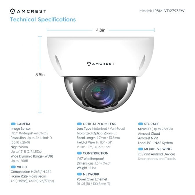 Amcrest 4K Optical Zoom IP PoE Dome Camera, IP67 White IP8M-VD2793EW