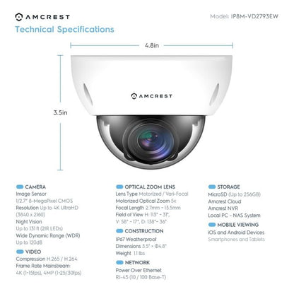 Amcrest 4K Optical Zoom IP PoE Dome Camera, IP67 White IP8M-VD2793EW
