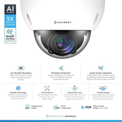 Amcrest 4K Optical Zoom AI POE Camera, Varifocal 8MP Outdoor POE IP Camera Dome, Face/Human/Vehicle Detection, 2.7mm~13.5mm Lens, IP67, 5X Optical Zoom, (IP8M-VD2893EW-AI)