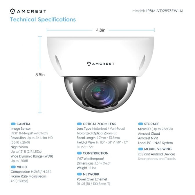 Amcrest 4K Optical Zoom AI POE Camera, Varifocal 8MP Outdoor POE IP Camera Dome, Face/Human/Vehicle Detection, 2.7mm~13.5mm Lens, IP67, 5X Optical Zoom, (IP8M-VD2893EW-AI)