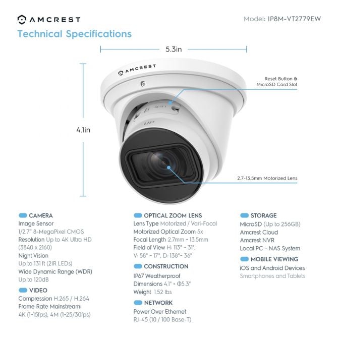 Amcrest 4K Optical Zoom IP PoE Turret Cam 5x Optical Zoom IP8M-VT2779EW