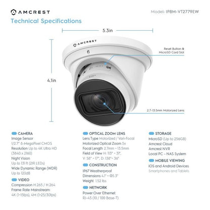 Amcrest 4K Optical Zoom IP PoE Turret Cam 5x Optical Zoom IP8M-VT2779EW