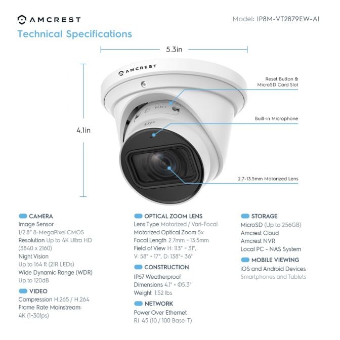 Amcrest 4K Turret AI IP PoE Camera 5x Optical Zoom IP8M-VT2879EW-AI