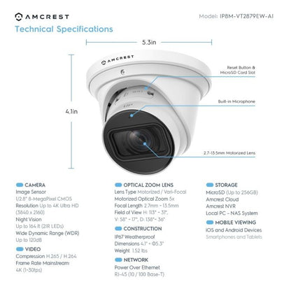 Amcrest 4K Turret AI IP PoE Camera 5x Optical Zoom IP8M-VT2879EW-AI