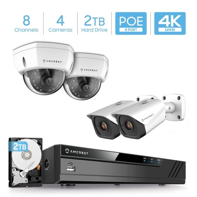 Amcrest 4K Security Camera System w/ 4K 8CH PoE NVR, (4) x 4K (8-Megapixel) IP67 Weatherproof Metal Bullet & Dome POE IP Cameras (3840x2160), 2.8mm Wide Angle Lens, NV4108E-2493EW2-2496EW2-2TB (White)