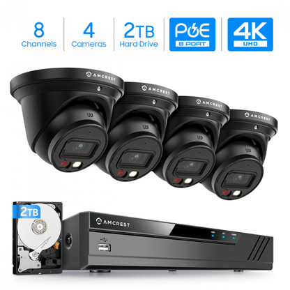 Amcrest 4K Security Camera System, 4K 8CH PoE NVR, (4) x 4K Night Color Turret POE IP Cameras, Active Deterrent, Pre-Installed 2TB Hard Drive