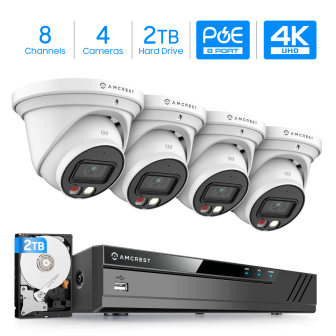 Amcrest 4K Security Camera System, 4K 8CH PoE NVR, (4) x 4K Night Color Turret POE IP Cameras, Active Deterrent, Pre-Installed 2TB Hard Drive