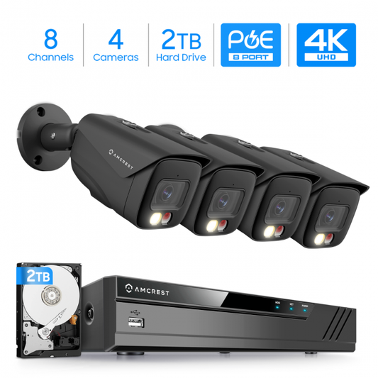 Amcrest 4K Security Camera System, 4K 8CH PoE NVR, (4) x 4K Night Color Bullet POE IP Cameras, Active Deterrent, Pre-Installed 2TB Hard Drive