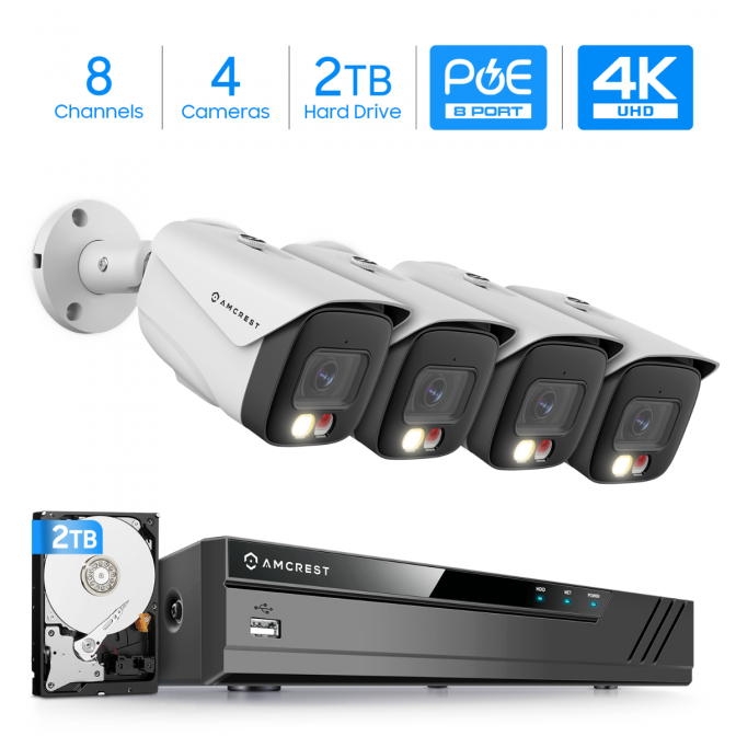 Amcrest 4K Security Camera System, 4K 8CH PoE NVR, (4) x 4K Night Color Bullet POE IP Cameras, Active Deterrent, Pre-Installed 2TB Hard Drive