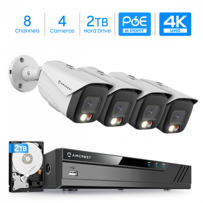 Amcrest 4K Security Camera System, 4K 8CH PoE NVR, (4) x 4K Night Color Bullet POE IP Cameras, Active Deterrent, Pre-Installed 2TB Hard Drive