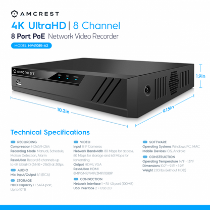 Amcrest 4K Security Camera System 8CH NVR 4x 4K Dome POE IP Cam 2TB Black