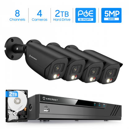 Amcrest 5MP Security Camera System, 4K 8CH PoE NVR, (4) x 5-Megapixel Night Color Bullet POE IP Cameras, Active Deterrent, Pre-Installed 2TB Hard Drive
