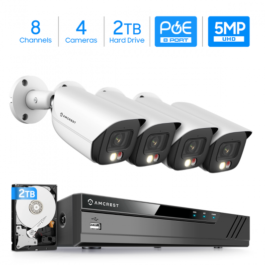 Amcrest 5MP Security Camera System, 4K 8CH PoE NVR, (4) x 5-Megapixel Night Color Bullet POE IP Cameras, Active Deterrent, Pre-Installed 2TB Hard Drive