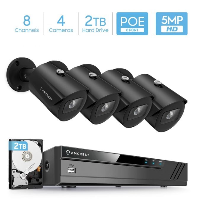 Amcrest 5MP Security Camera System, 4K 8CH PoE NVR, (4) x 5-Megapixel 2.8mm Wide Lens Weatherproof Metal Bullet PoE IP Cameras, Pre-Installed 2TB Hard Drive, NV4108E-IP5M-B1186EB4-2TB (Black)
