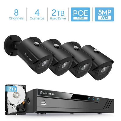 Amcrest 5MP Security Camera System, 4K 8CH PoE NVR, (4) x 5-Megapixel 2.8mm Wide Lens Weatherproof Metal Bullet PoE IP Cameras, Pre-Installed 2TB Hard Drive, NV4108E-IP5M-B1186EB4-2TB (Black)
