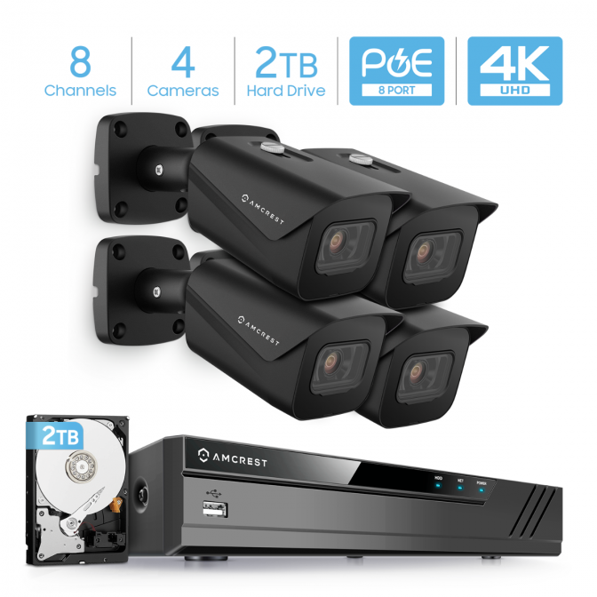 Amcrest 4K Security Camera System w/ 4K 8CH PoE NVR, (4) x 4K (8-Megapixel) IP67 Weatherproof Metal Bullet POE IP Cameras, 2.8mm Lens, Pre-Installed 2TB Hard Drive, NV4108E-IP8M-2496EB4-2TB (Black)
