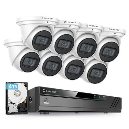 Amcrest 4K Security Camera System w/ 4K 8CH PoE NVR, (8) x 4K (8-Megapixel) IP67 Weatherproof Metal Turret Dome POE IP Cameras (3840x2160), Pre-Installed 4TB Hard Drive, NV4108E-IP8M-T2599EW8-4TB (White)