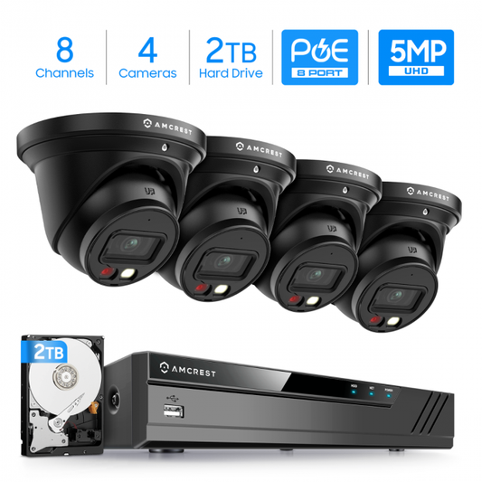 Amcrest 5MP Security Camera System, 4K 8CH PoE NVR, (4) x 5-Megapixel Night Color Turret POE IP Cameras, Active Deterrent, Pre-Installed 2TB Hard Drive