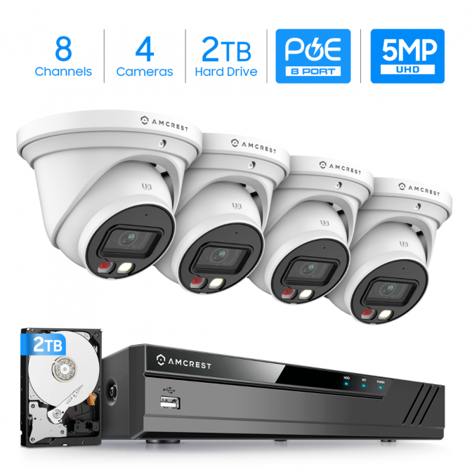 Amcrest 5MP Security Camera System, 4K 8CH PoE NVR, (4) x 5-Megapixel Night Color Turret POE IP Cameras, Active Deterrent, Pre-Installed 2TB Hard Drive
