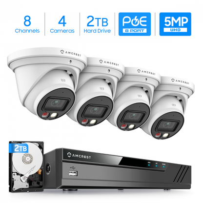 Amcrest 5MP Security Camera System, 4K 8CH PoE NVR, (4) x 5-Megapixel Night Color Turret POE IP Cameras, Active Deterrent, Pre-Installed 2TB Hard Drive