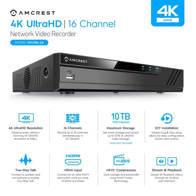 Amcrest 4K 16CH NVR No PoE Ports Supports up to 10TB HDD NV4116-A2