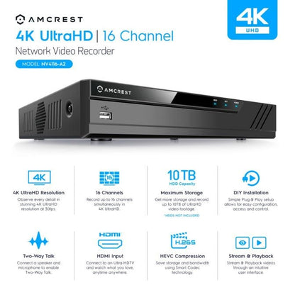 Amcrest 4K 16CH NVR No PoE Ports Supports up to 10TB HDD NV4116-A2