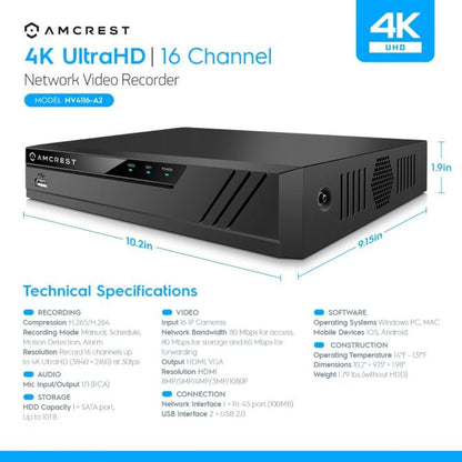 Amcrest 4K 16CH NVR No PoE Ports Supports up to 10TB HDD NV4116-A2