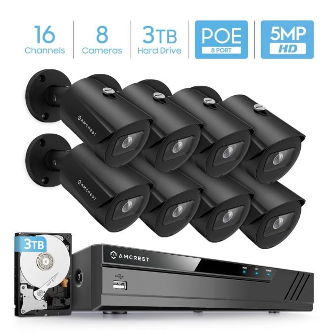 Amcrest 5MP Security Camera System, 4K 16CH (8-Port PoE) NVR, (8) x 5MP 2.8mm Wide Lens Metal Bullet PoE IP Cameras, Pre-Installed 3TB Hard Drive, NV4116E-IP5M-B1186EB8-3TB (Black)