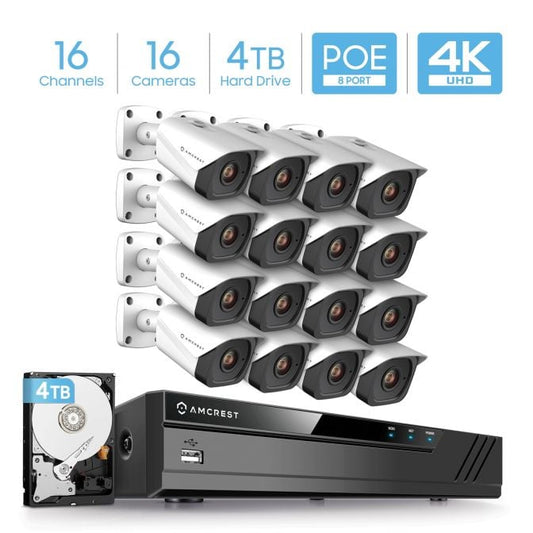 Amcrest 4K Security Camera System w/ 4K 16CH (8-Port PoE) NVR, (16) x 4K (8-Megapixel) IP67 Weatherproof Metal Bullet POE IP Cameras (3840x2160), 2.8mm Lens, Pre-Installed 4TB Hard Drive, NV4116E-IP8M-2496EW16-4TB (White)