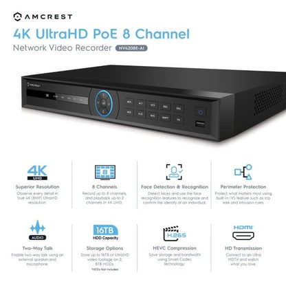 Amcrest 4K AI Security System 8CH PoE NVR 4 x 4K AI Turret POE Cameras 2TB