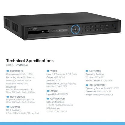 Amcrest 4K AI Security System 8CH PoE NVR 4 x 4K AI Turret POE Cameras 2TB
