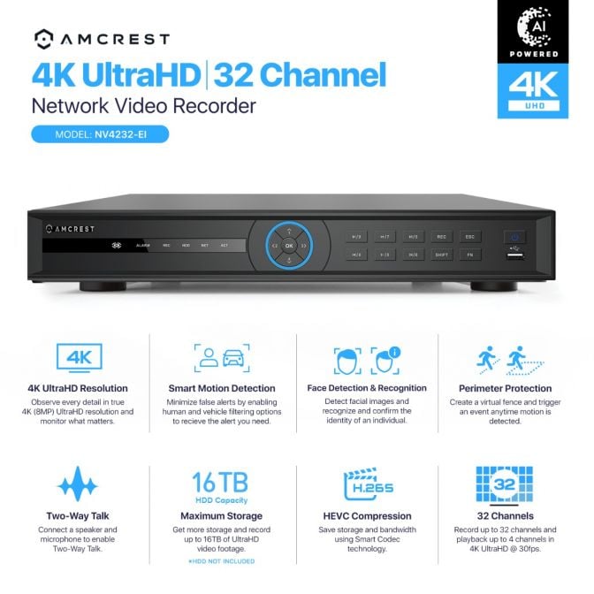 Amcrest 4K 32CH AI NVR, Smart NVR, Facial Recognition, Face Detection & Vehicle Detection - Supports 32 x 4K IP Cameras, Pre-Installed 4TB HDD (No PoE Ports Included) NV4232-4TB