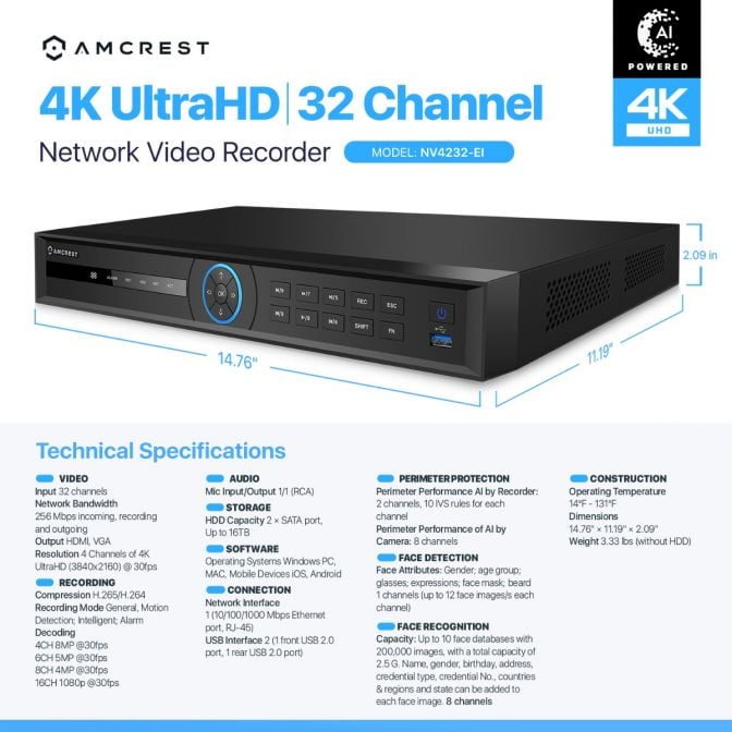 Amcrest 4K 32CH AI NVR, Smart NVR, Facial Recognition, Facial Detection & Vehicle Detection - Supports 32 x 4K IP Cameras, Pre-Installed 6TB HDD (No PoE Ports Included) NV4232-6TB