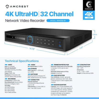 Amcrest 4K 32CH AI NVR, Smart NVR, Facial Recognition, Facial Detection & Vehicle Detection - Supports 32 x 4K IP Cameras, Pre-Installed 6TB HDD (No PoE Ports Included) NV4232-6TB
