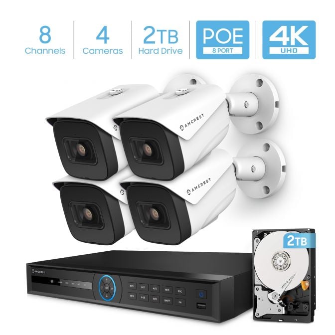 Amcrest 4K Security Camera System with 4K 8CH PoE NVR, 4 x 4K (8MP) IP67 Weatherproof Metal Bullet PoE IP Cameras, 2.8mm Wide Angle Lens, Pre-Installed 2TB Hard Drive, NV5208E-IP8M-2696EW4-2TB (White)