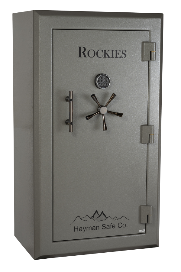 Rockies RK 6536 E Premium-Level Gun Safe – front view with electronic keypad and chrome handle

Open Rockies RK 6536 E gun safe showing interior shelves and rifle storage

Close-up of Rockies RK 6536 E electronic lock and reinforced door bolts

Interior view of Rockies gun safe with LED lighting and door organizer

Side view of Rockies RK 6536 E fireproof gun safe showing 10-gauge steel construction

Rockies fire-rated gun safe with UL-listed lock and premium powder-coated finish