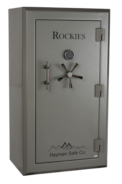 Rockies RK 6536 E Premium-Level Gun Safe – front view with electronic keypad and chrome handle

Open Rockies RK 6536 E gun safe showing interior shelves and rifle storage

Close-up of Rockies RK 6536 E electronic lock and reinforced door bolts

Interior view of Rockies gun safe with LED lighting and door organizer

Side view of Rockies RK 6536 E fireproof gun safe showing 10-gauge steel construction

Rockies fire-rated gun safe with UL-listed lock and premium powder-coated finish