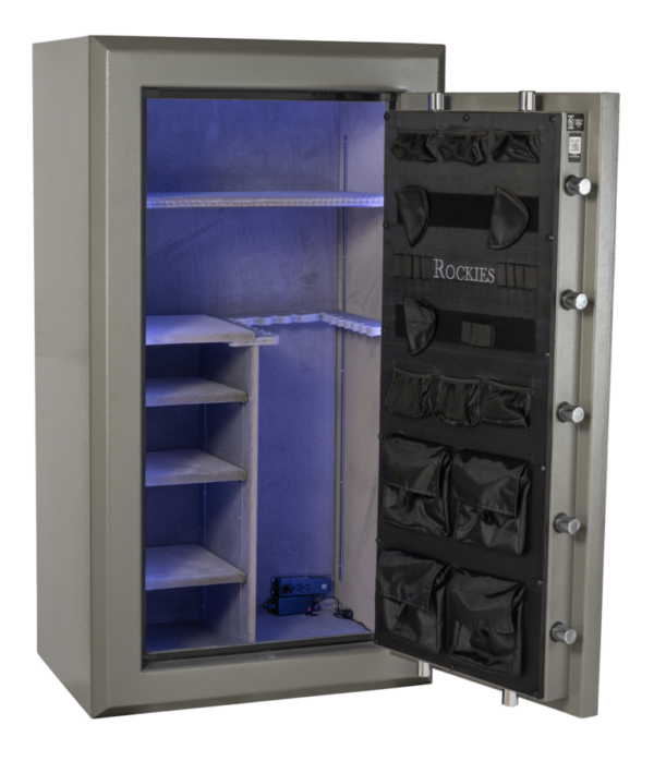 Rockies RK 6536 E Premium-Level Gun Safe – front view with electronic keypad and chrome handle

Open Rockies RK 6536 E gun safe showing interior shelves and rifle storage

Close-up of Rockies RK 6536 E electronic lock and reinforced door bolts

Interior view of Rockies gun safe with LED lighting and door organizer

Side view of Rockies RK 6536 E fireproof gun safe showing 10-gauge steel construction

Rockies fire-rated gun safe with UL-listed lock and premium powder-coated finish