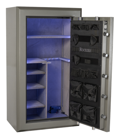 Rockies RK 6536 E Premium-Level Gun Safe – front view with electronic keypad and chrome handle

Open Rockies RK 6536 E gun safe showing interior shelves and rifle storage

Close-up of Rockies RK 6536 E electronic lock and reinforced door bolts

Interior view of Rockies gun safe with LED lighting and door organizer

Side view of Rockies RK 6536 E fireproof gun safe showing 10-gauge steel construction

Rockies fire-rated gun safe with UL-listed lock and premium powder-coated finish