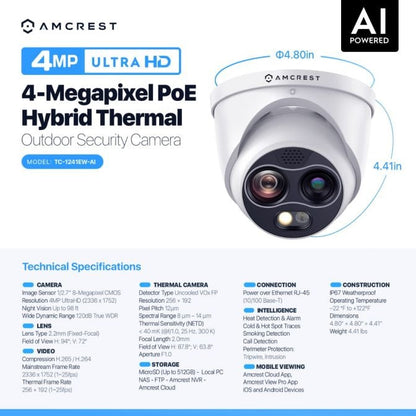 Amcrest UltraHD 4MP Hybrid Thermal Camera, AI Outdoor Security Turret PoE IP Camera, 98ft Nightvision, IVS, Fire Detection, Smoking Detection, Hot Trace, Built-in Mic, 4MP @25fps TC-1241EW-AI