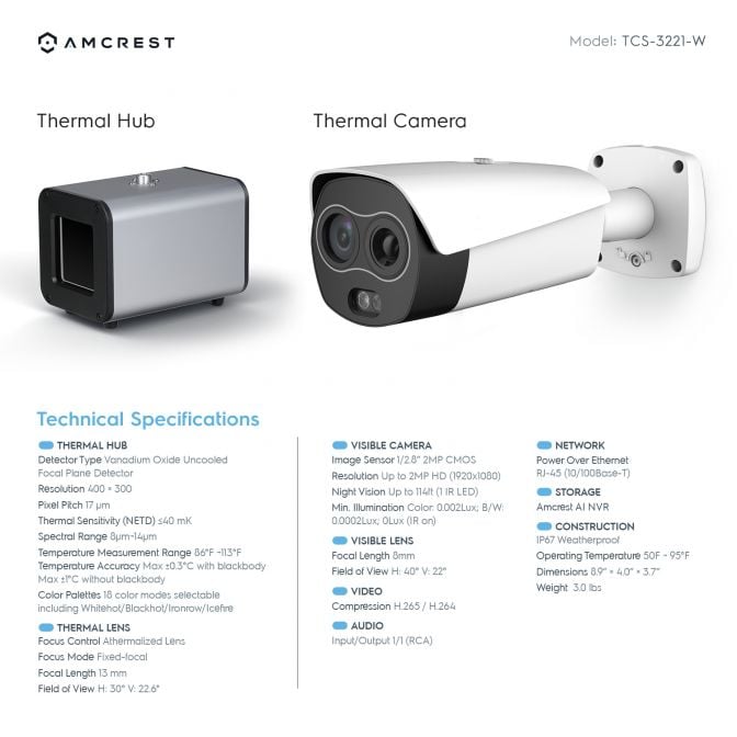 Amcrest Thermal IP Camera AI NVR System, AI Thermal POE Camera with Temperature Monitoring, Human Detection (TCS-3221-W)